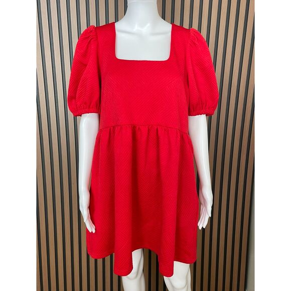 Entro Women's Dress Shift Square Neck Stretch Textured Short Puff Sleeve L Red - Picture 1 of 9